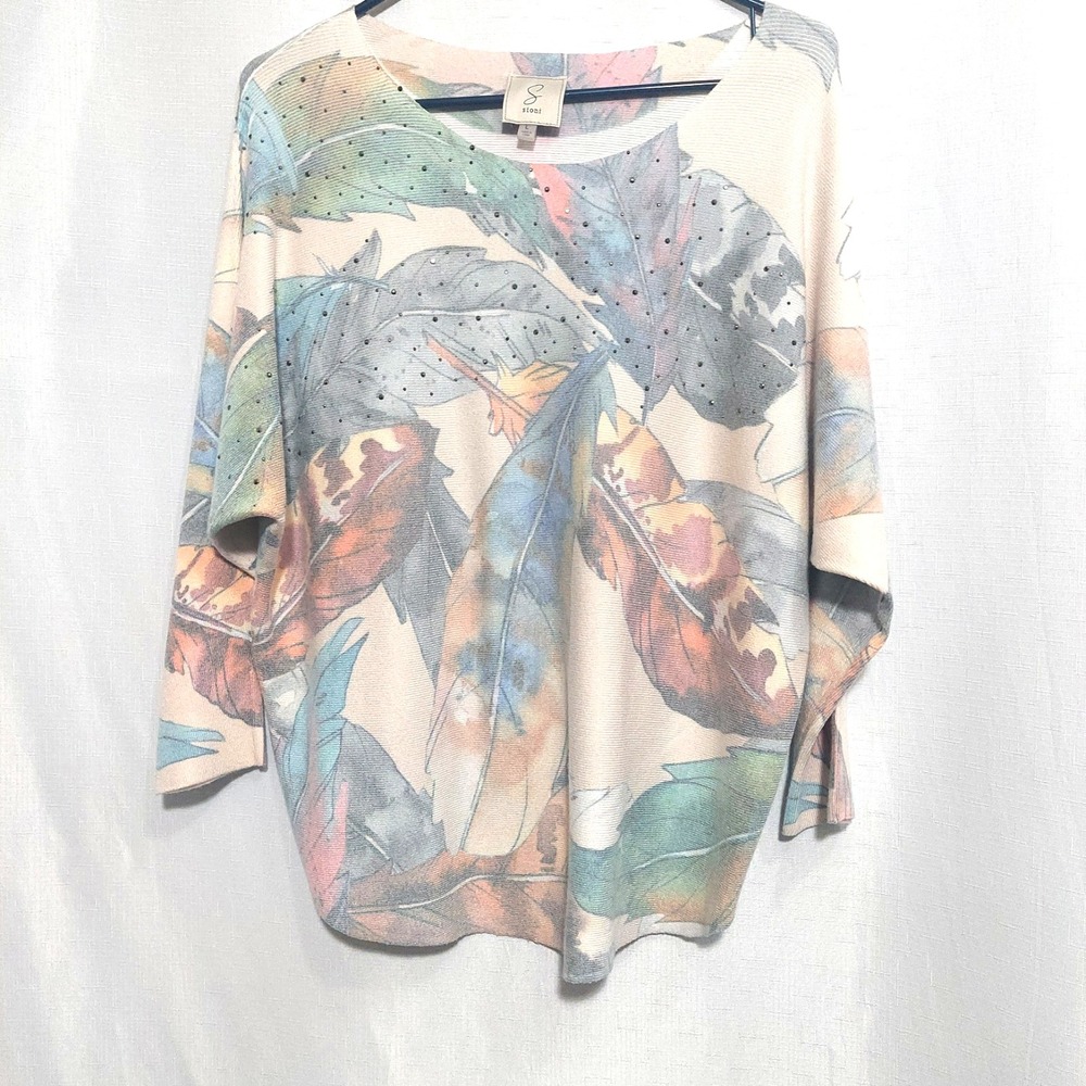 Sioni Womens L Textured Knit Top 3/4 Dolman Sleeves Curved Hem Rhinestones